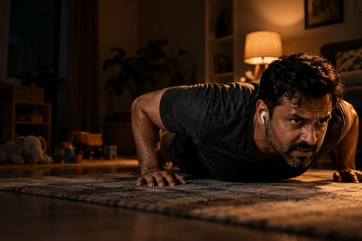 A man in an earbud holds a push-up on a rug in a dim living room.