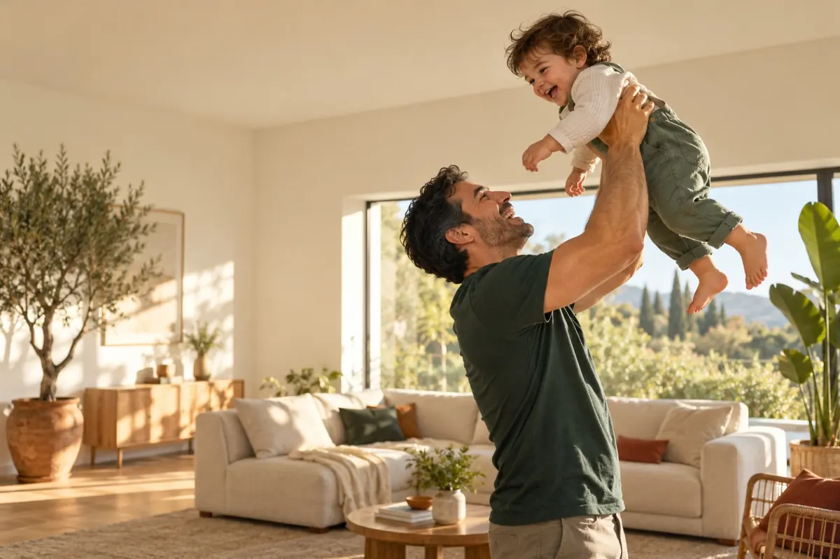 A dad lifts his baby overhead in a bright living room.