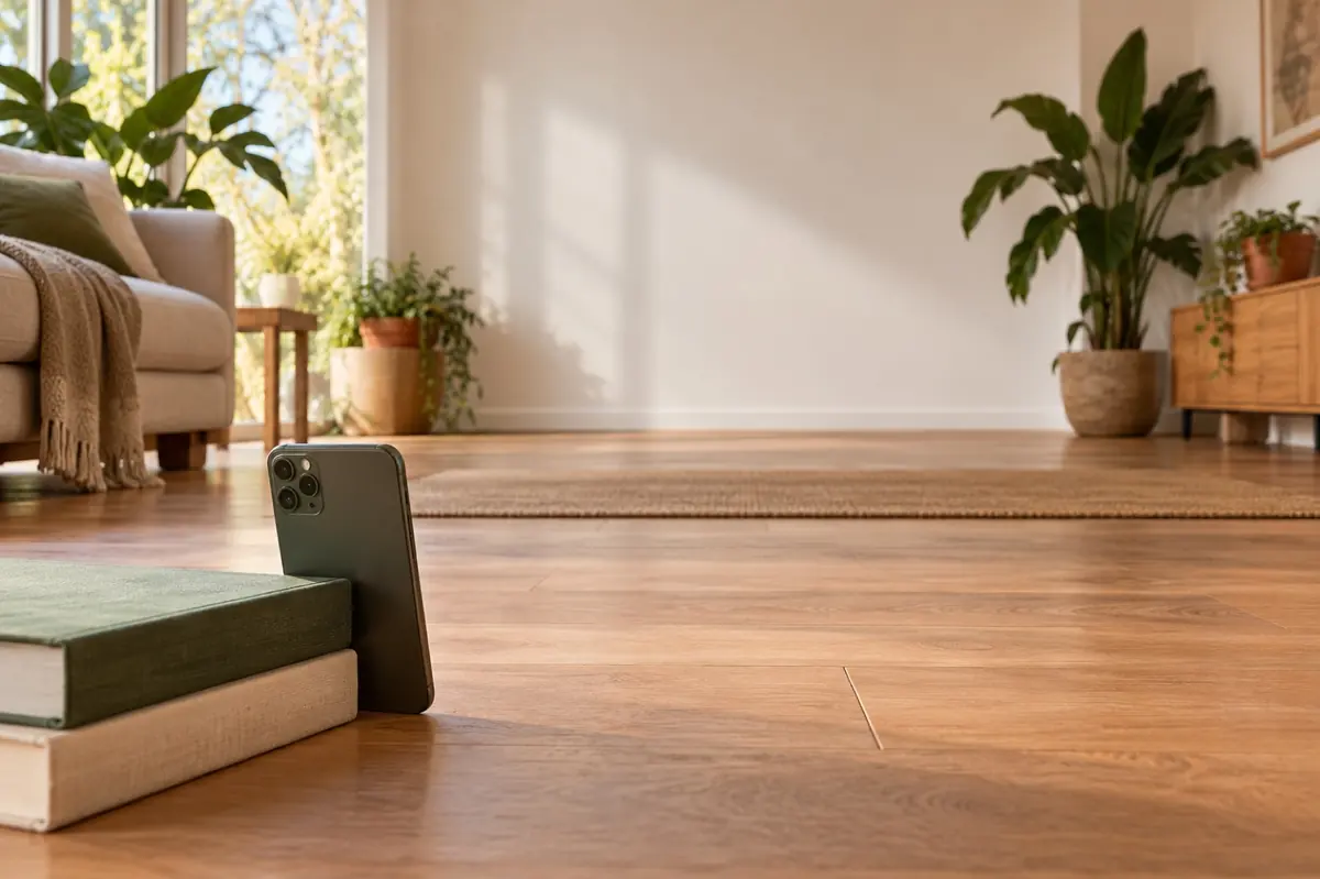 A phone leaning against a stack of books on a wooden floor, facing the room.